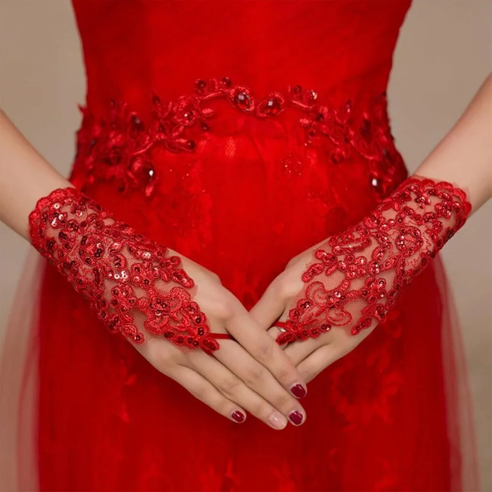 Women's Rhinestone Fingerless Red Gloves Bride Wedding Party Prom Accessories